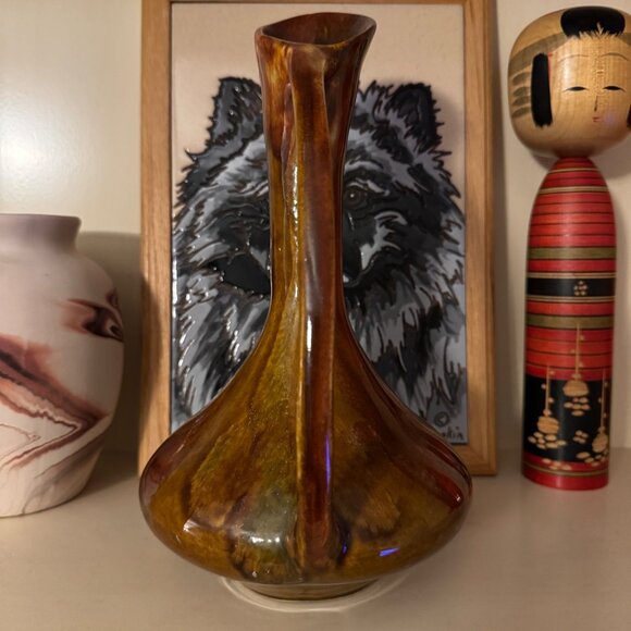 Vintage Hathaway Pottery Brown Glaze Pitcher Vase Curve Handle MCM Rare Signed - Picture 8 of 12